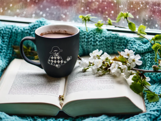coffee, book, and flower at home