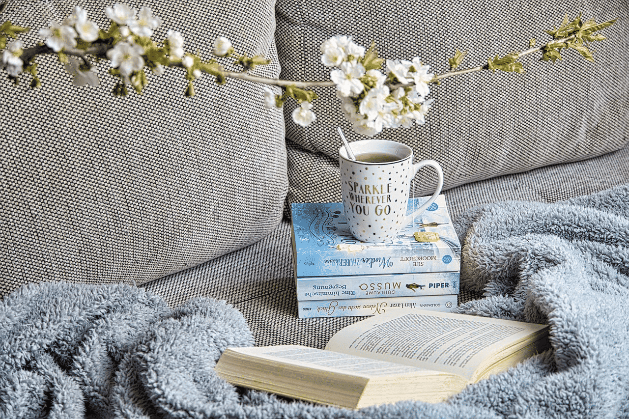 a cup of tea, books, and blanket on the couch